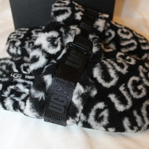 NIB UGG MEN\'S‎ FLUFF IT POP POLO FUR SLIPPERS BLACK WHITE main image 7
